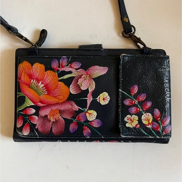 Anuschka Moonlit Meadow Floral Handpainted Leather Wallet Crossbody Bag Bifold - Picture 2 of 9